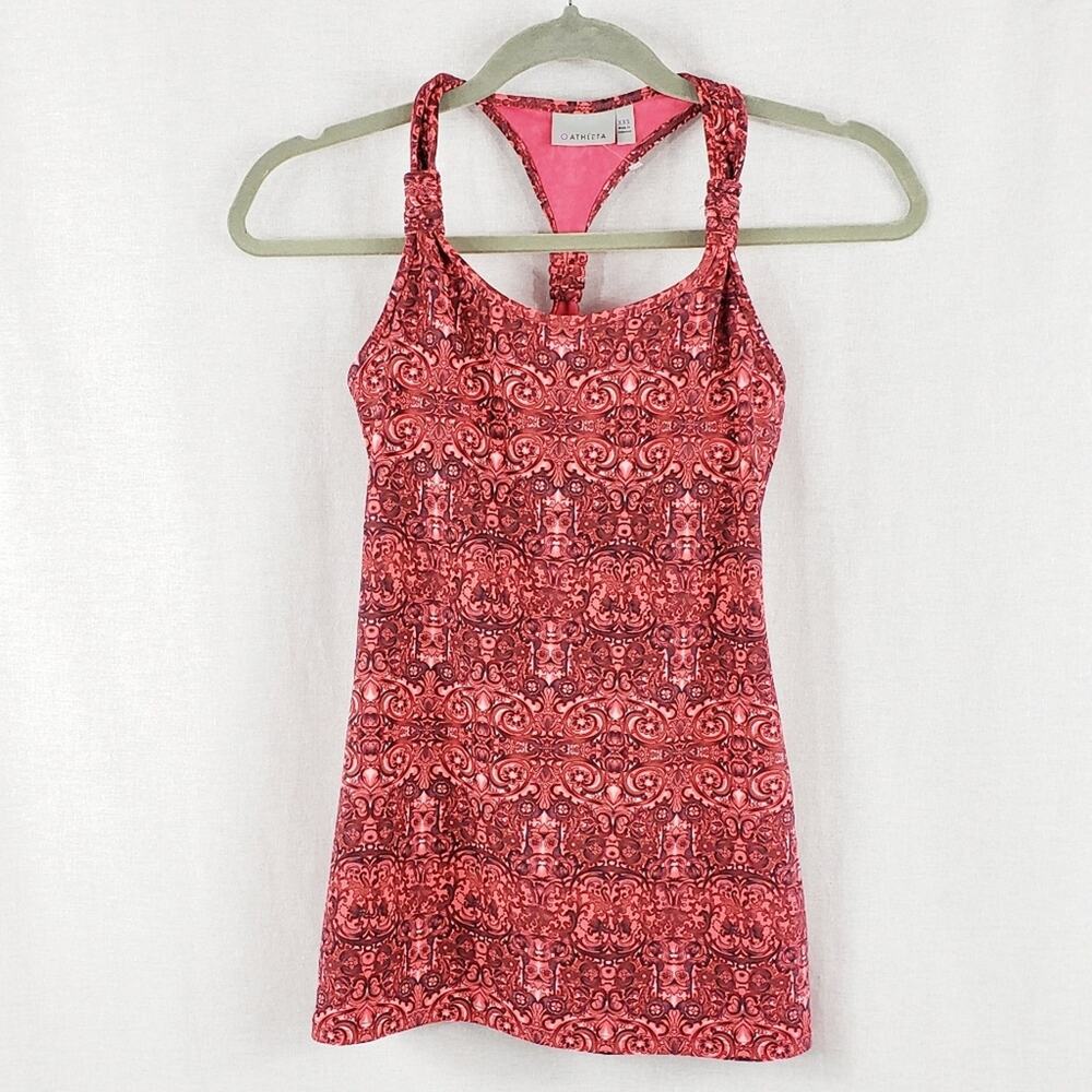 Athleta Fuse Racerback Tank Top Women XXS Red Scroll Pattern w/ Shelf Bra Tank